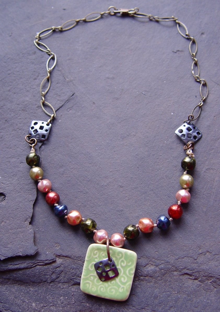 Lime Green Swirls Marsha Neal Porcelain Pendant, Earthy Freshwater Pearls and Chain Necklace