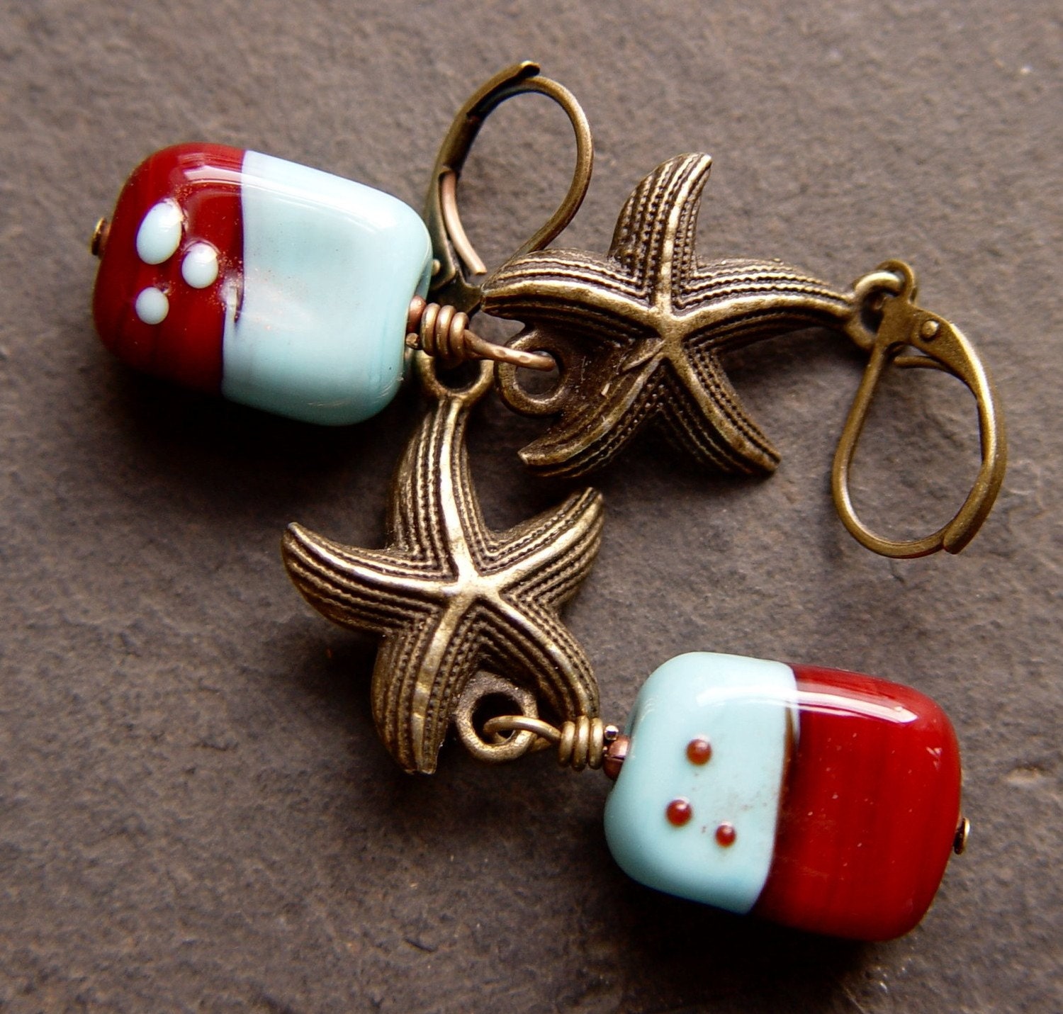 Starfish - Turquoise and Maroon Lampwork and Brass Earrings - Beach Boho AWMember
