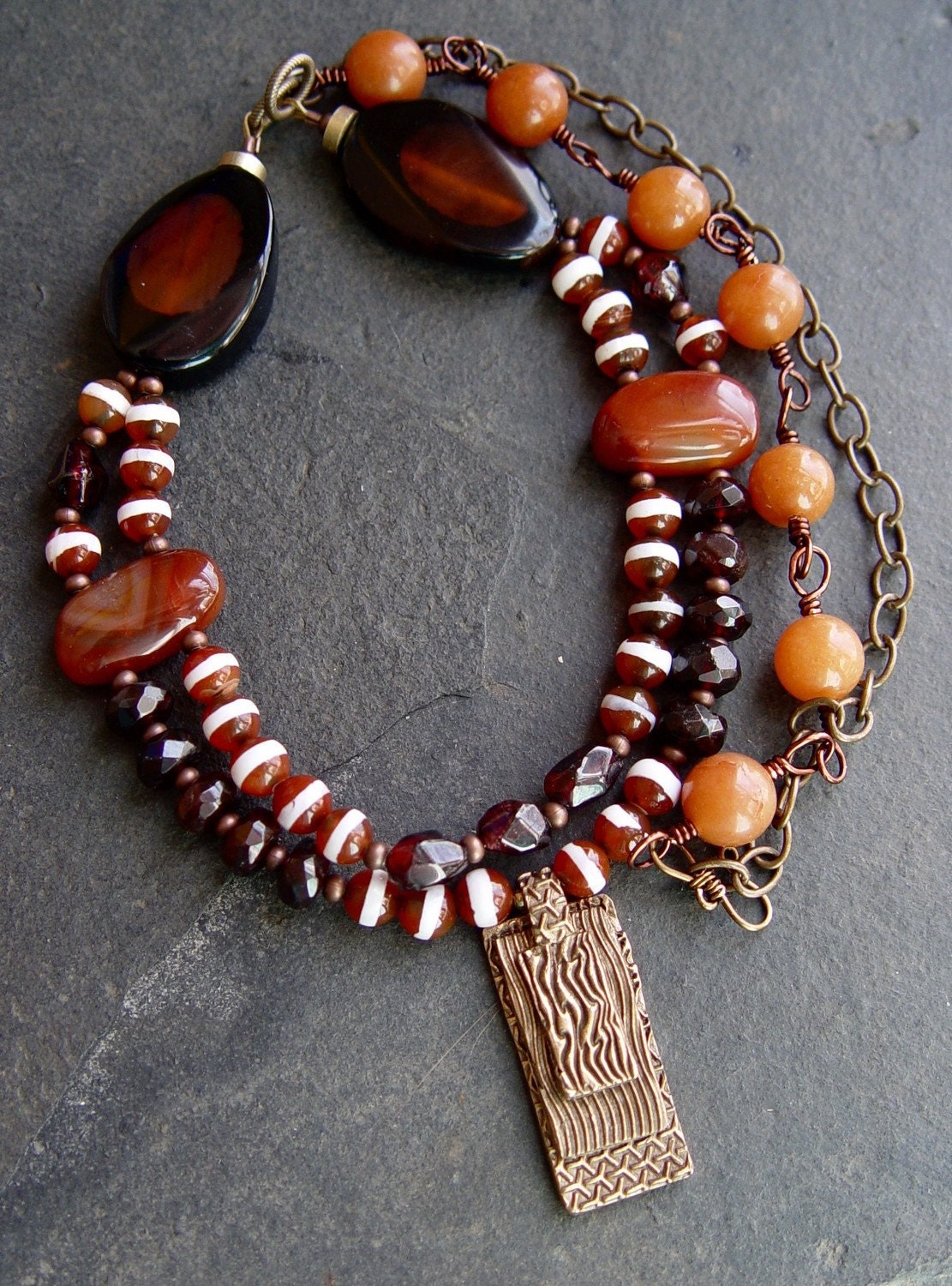 Handmade Bronze Pendant with Carnelian, Garnet and Aventurine Necklace