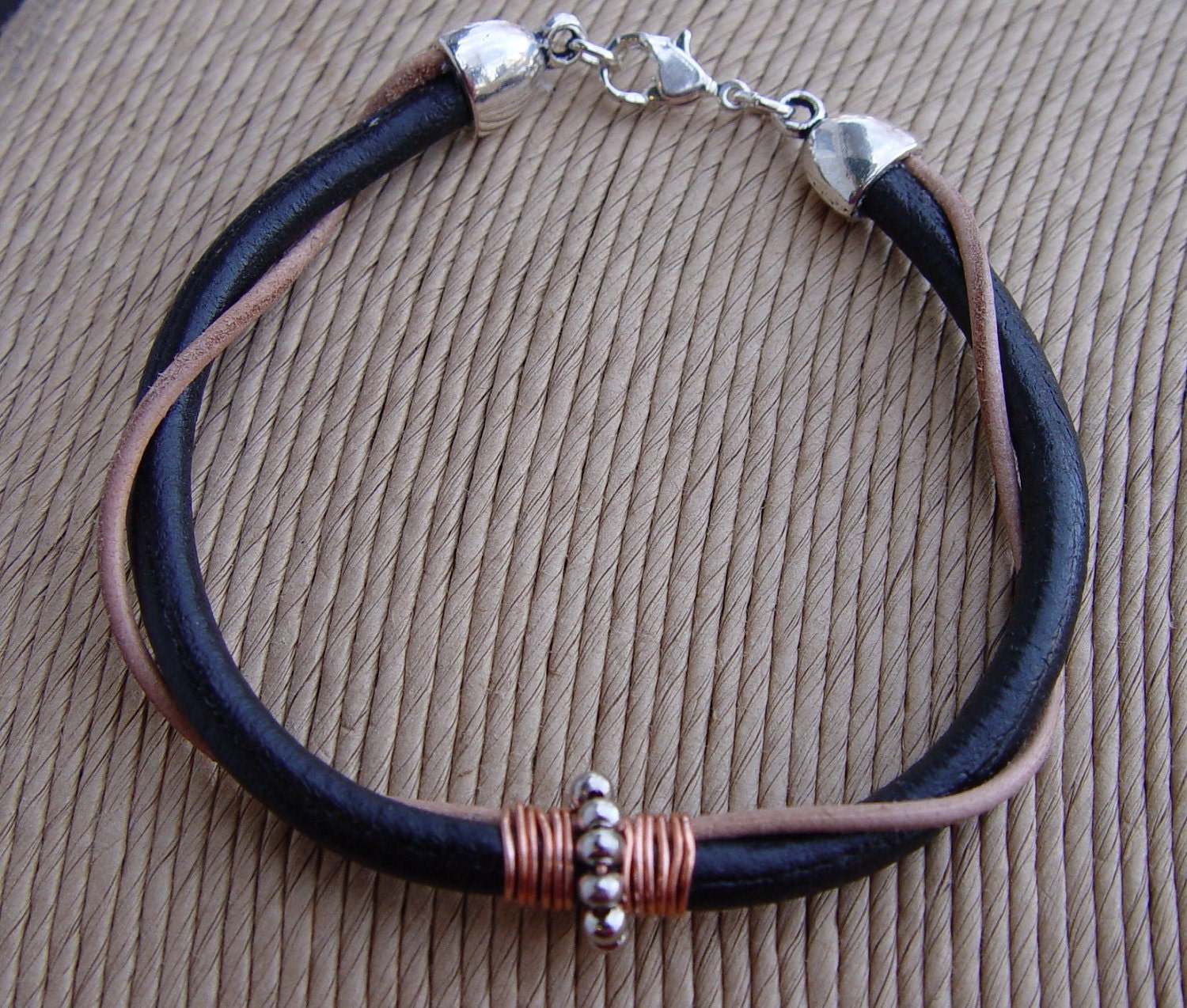 Greek Leather, Silver and Copper Bracelet Unisex Handmade Organic Basic Casual