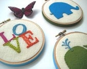 Nursery Decor - hand embroidered LOVE, pure wool felt Whale & Elephant in 4 inch hoops