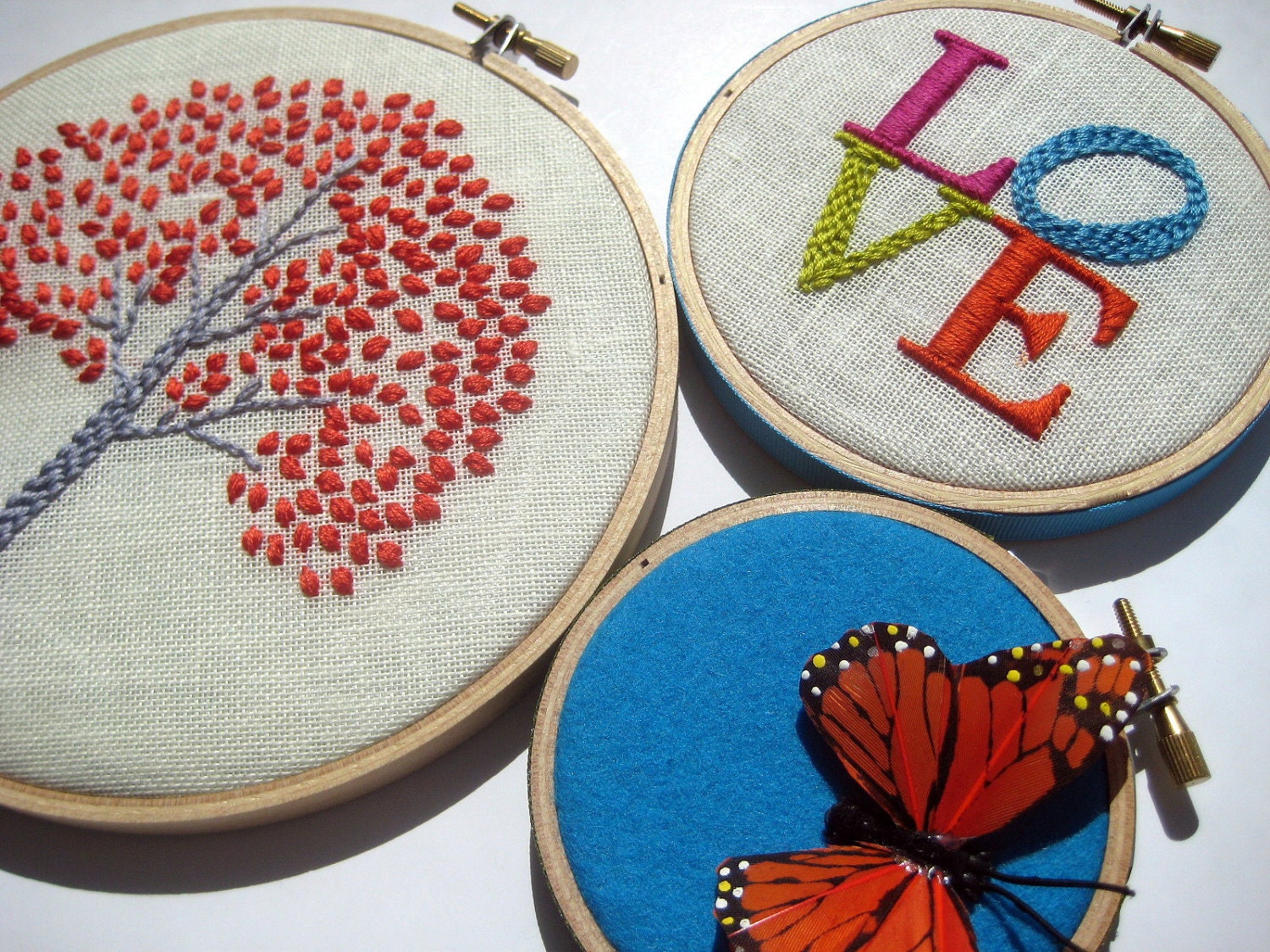 hand embroidered Tree,  LOVE and Butterfly Hoop Art (3 pieces)