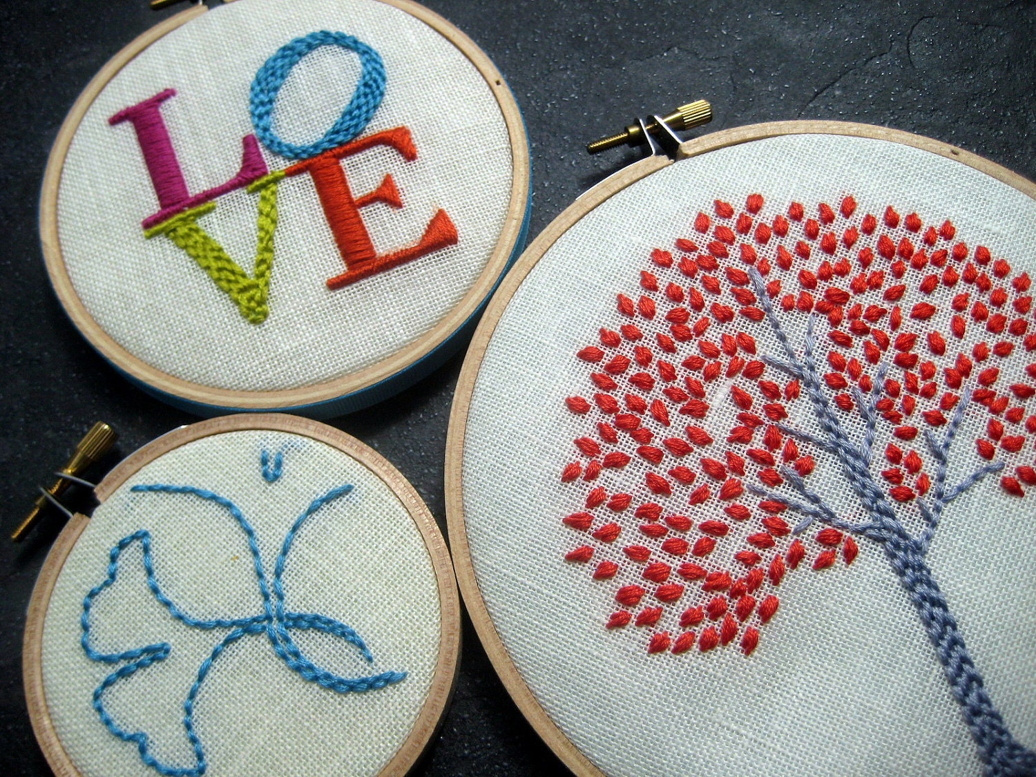 Lemon Lime Tree, LOVE and Ginkgo (3 pieces) hand embroidered hoop art