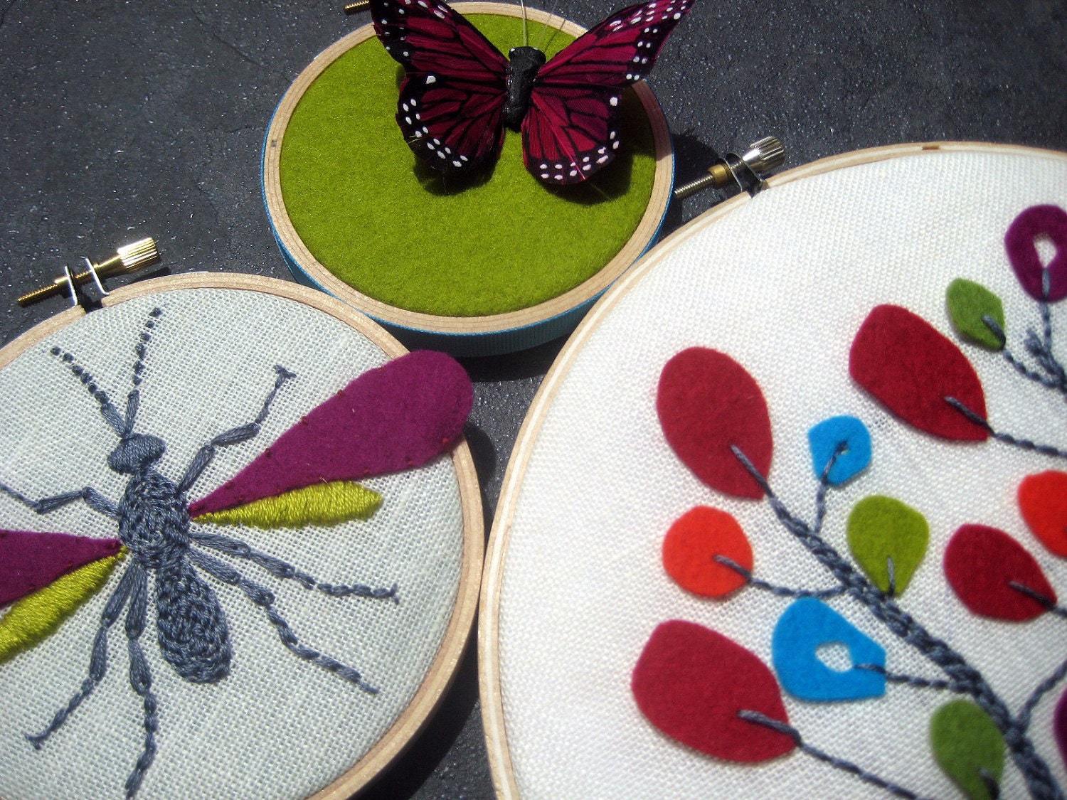 Trees in Bloom, Wasp and Butterfly hand embroidered hoop art trio