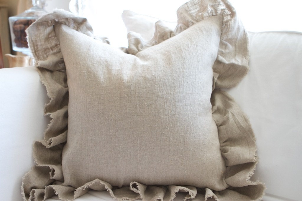 Raw Edge Ruffled Linen Pillow, Flax, White, Cream DOWN INSERT INCLUDED
