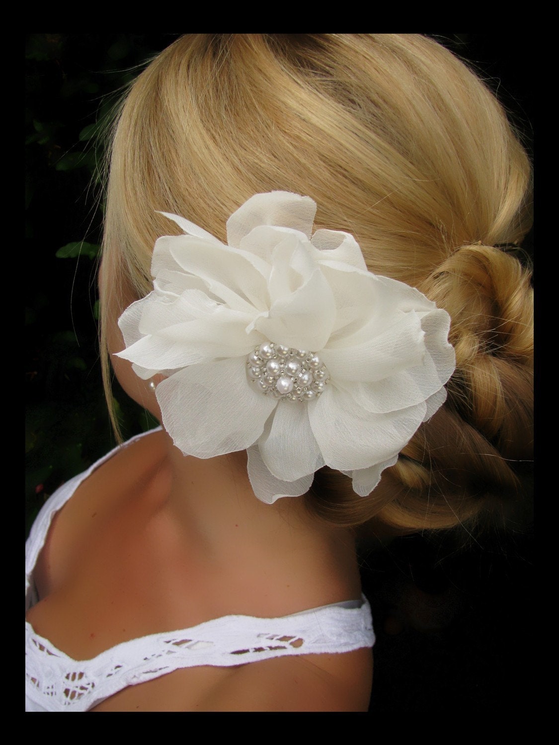Luna -  Beautiful Ivory Chiffon Flower with a Pearl  Center or Rhinestone center