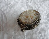 Oval Brooch with Ornate Frame and Shell Chips Vintage Jewelry