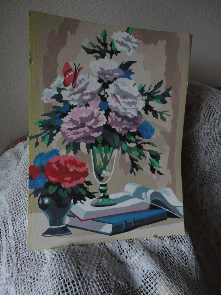 Unframed Paint by Number of Carnations Pinks and White Blues Books Vintage