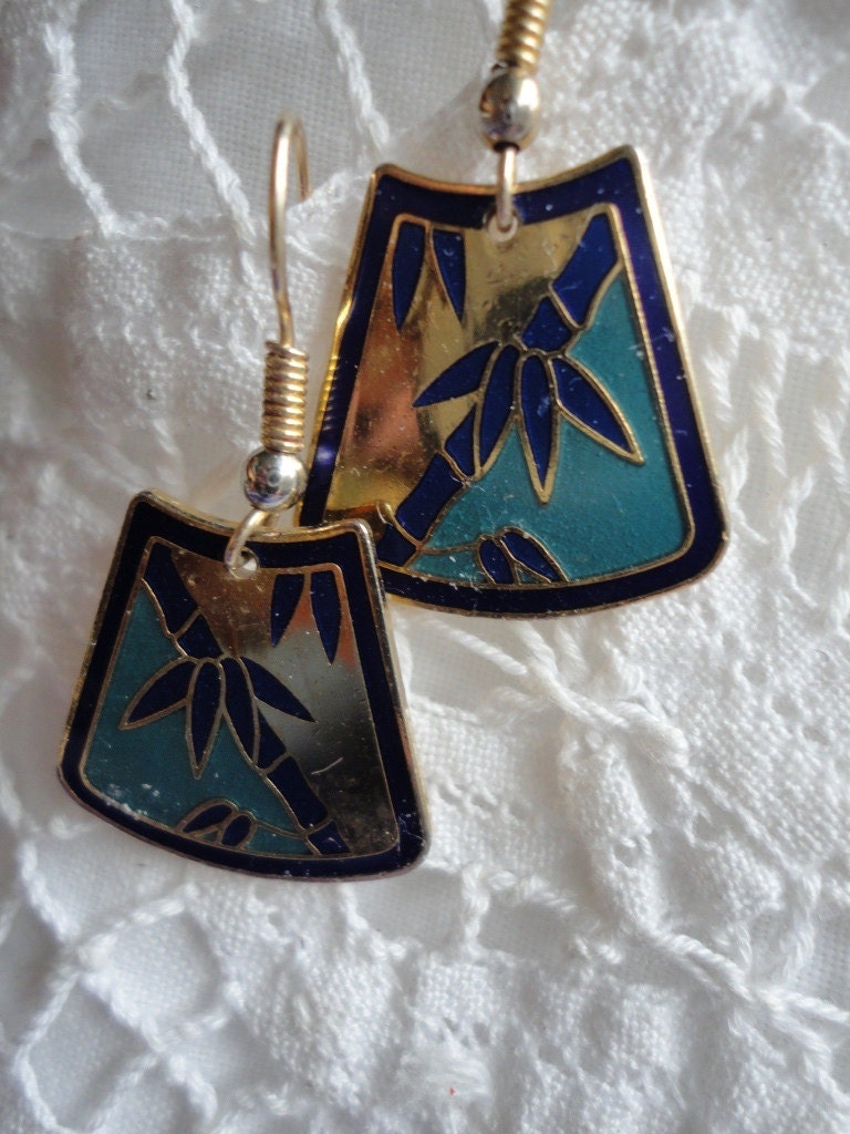 Enameled Bamboo Earrings signed S. Huang Vintge Jewelry