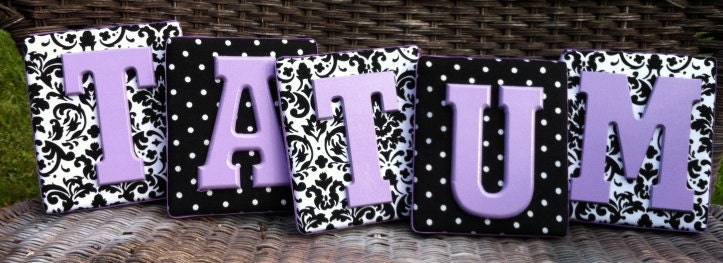 Framed Monogram, 6x7, Painted Letters, Personalized Nursery Decor,Black and Lavender Nursery,Damask Nursery Letters