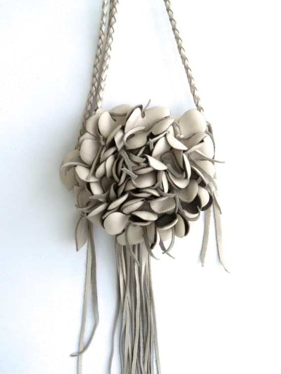 cream vanilla leather handbag, messenger with flower and fringe, by Tuscada. Made to order.