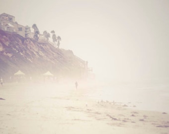 Beach Print- Vintage Beach Photo Yellow Faded Misty Empty Summer Beach Shore, Pontos Carlsbad, Ca Single Surfer Cliffs, Shore