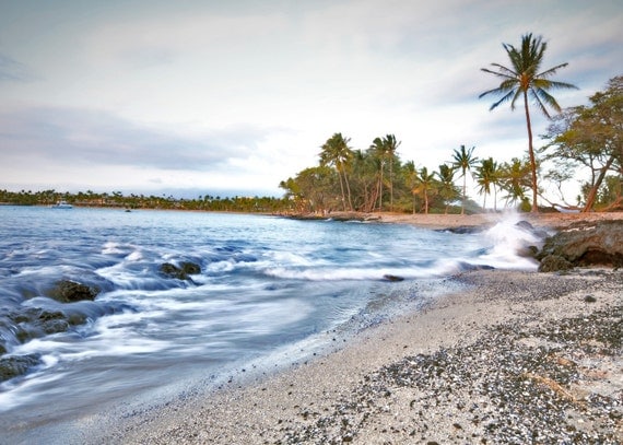 Island Decor- Fine Art Hawaii Print- Tropical Escape Beach Photo- Sprign Break Travel Print Blue Misty Ocean Sunset,Palm Tree Sway 8x10