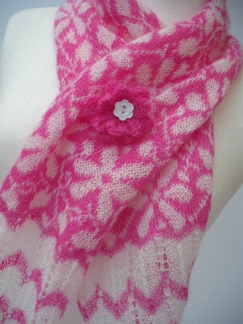 Luxurious Knitted Kid Mohair Lace Scarf with Detachable Flower Brooch.