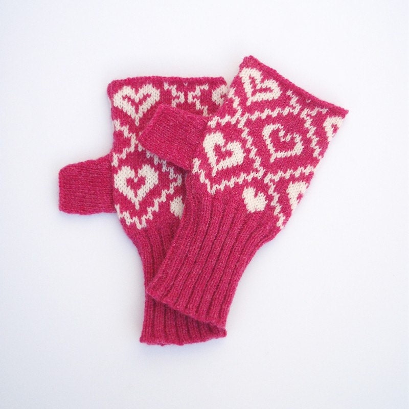 Pink Heart Trellis Design Knitted Fairisle Hand Warmers