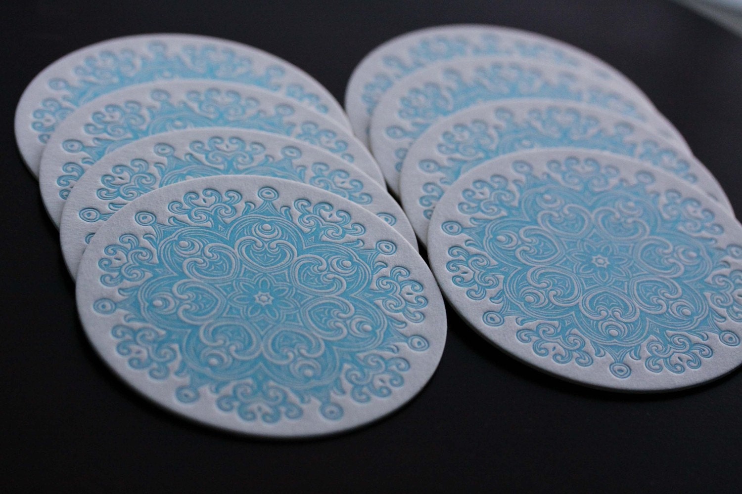 Antique Ornament letterpress coasters, set of 8-- blue