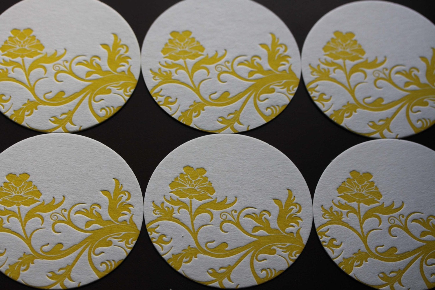 Floral chic letterpress coasters, set of 6-- Sunshine yellow