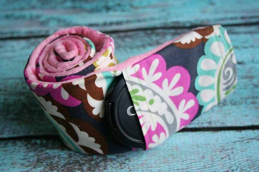 Camera Strap Cover with Lens Cap Pocket - Paisley with Pink- MADE TO ORDER