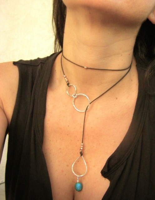 Turquoise And Silver Necklace Choker/Lariat with Sterling Silver Links and Hill Tribe Beads