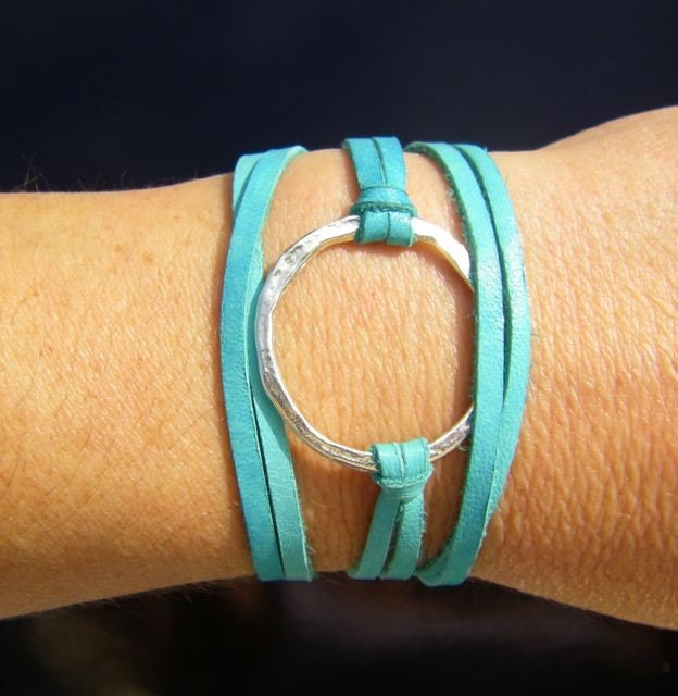 Leather Wrap Bracelet Sterling Silver and Turquoise Leather Cord
