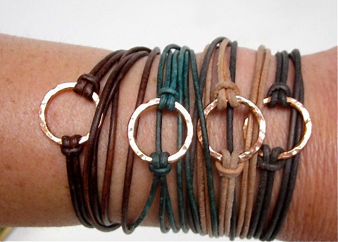 Leather Wrap Bracelet NUDE BEACH Copper and Leather Cord Small Ring