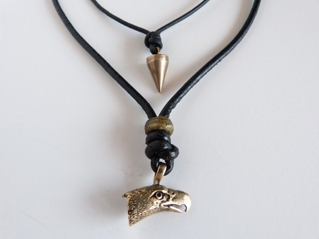 Men's Necklace Bronze Eagle Pendant with Black Leather Cord