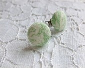 Pale Mint Damask Fabric Button Earrings