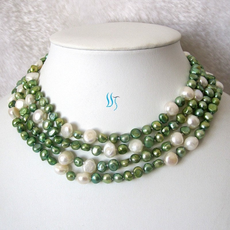 Pearl Necklace - 66 inches 5-8mm White Green Freshwater Pearl Long Necklace - Free shipping