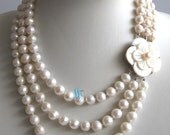 White Pearl Necklace -17-20 inches 3 Row 7-8mm White Freshwater Pearl Necklace - Free shipping