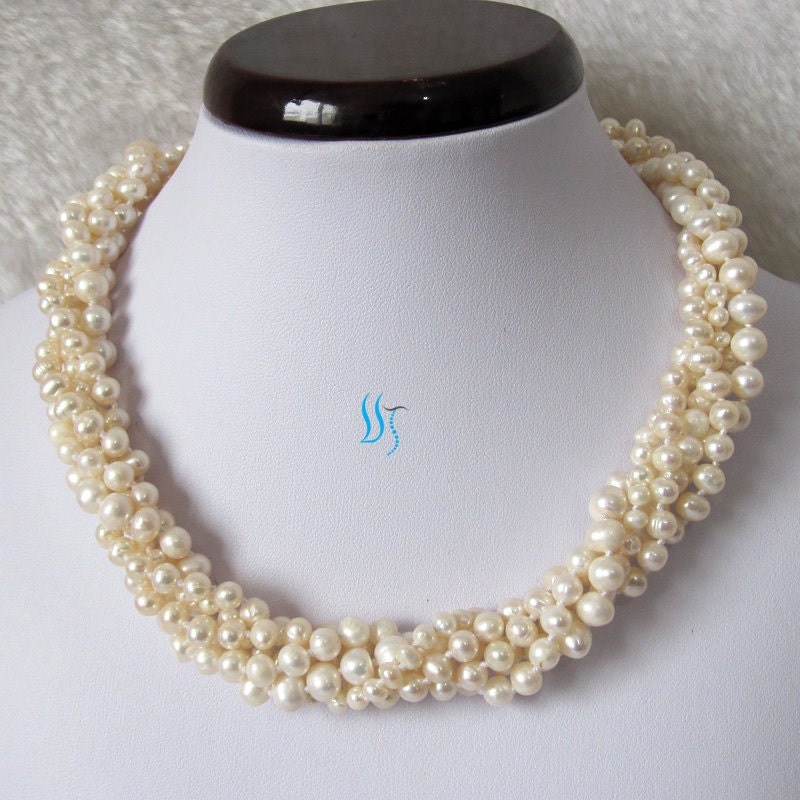 Pearl Choker Necklace, Wedding Necklace, Wedding Jewelry - 18 inches 3-7mm 5 Row White Freshwater Pearl Necklace - Free shipping
