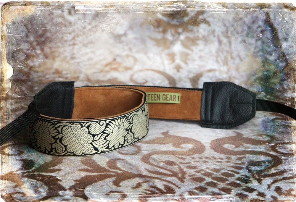 Black Damask Leather and Suede Camera Strap