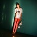 Bright red leggings with rain clouds by fashion brand QooQoo, Holiday Cloud leggings