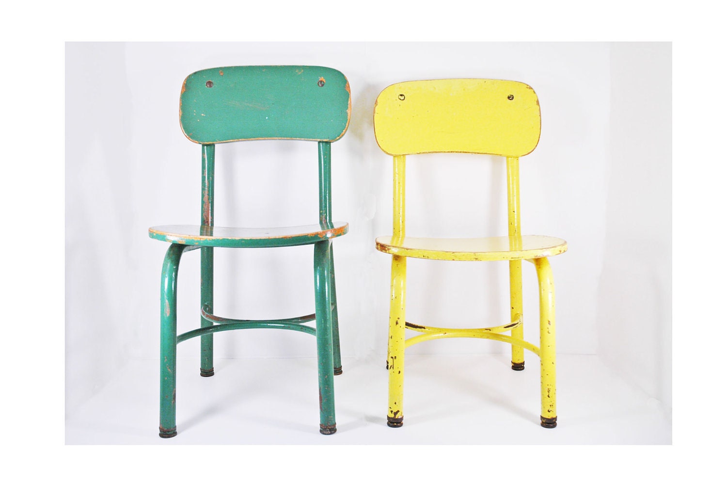 2 Vintage Children's Chairs - Irwin Seating Co - Green and Yellow