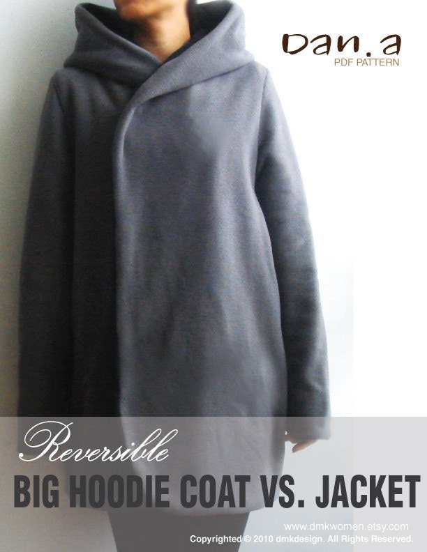 Ladies Reversible Big Hoodie Coat vs. Jacket  - Loose fit, big hood, shawl collar, reversible