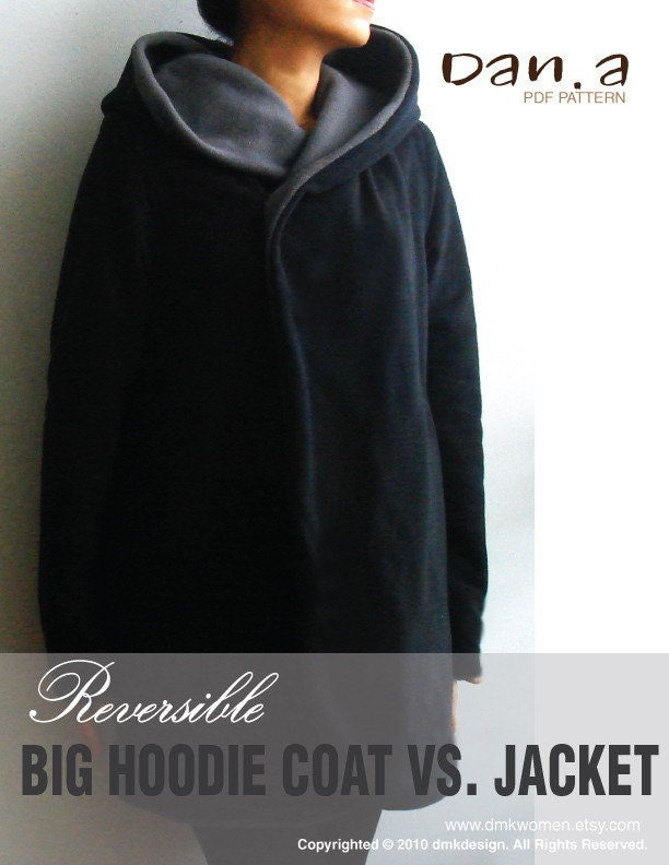 Ladies Reversible Big Hoodie Coat vs. Jacket  - Loose fit, big hood, shawl collar, reversible