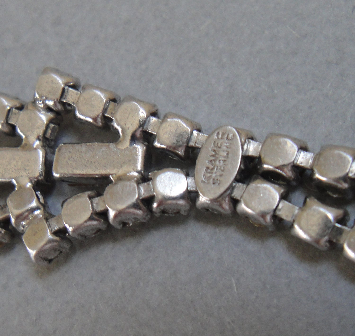 Vintage Sterling Bracelet signed Kramer in Rhinestones - set in sterling silver setting with safety chain makes a beautiful bridal bracelet