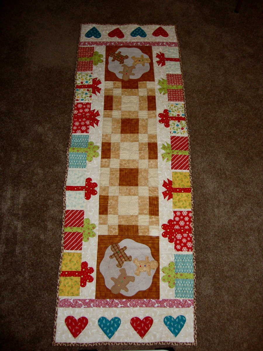 Just reduced-FREE SHIPPING-----------Holiday Handmade Quilted Gingerbread Table Runner Lrg. 74 x 26 For Christmas Decorating one of a kind