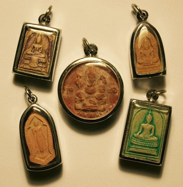 Set of 5 Unique Wood-Fired Clay Buddhist Monk Spiritual Amulets Handpainted Ganesh