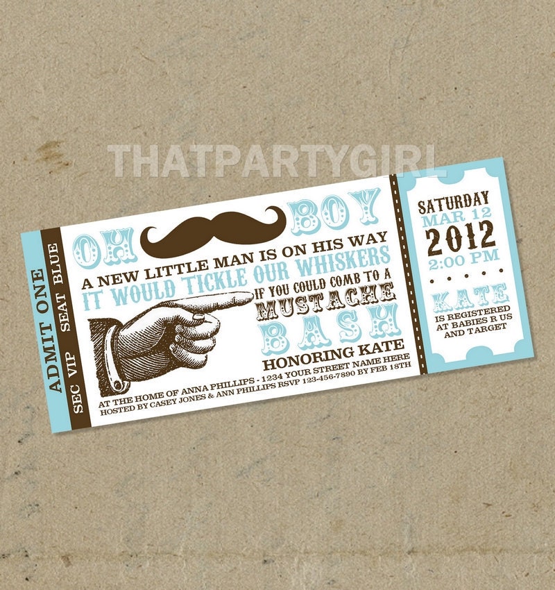 Mustache Bash Baby Shower Party Ticket  Invitations Favors - Digital U Print