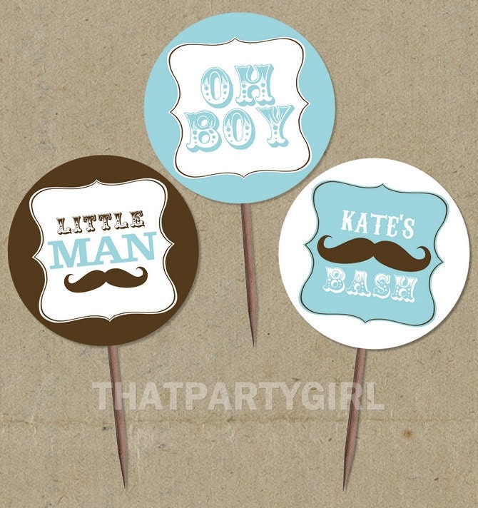 DIY personalized Mustache Bash Baby Shower Favor Tags Cupcake Toppers - digital U Print