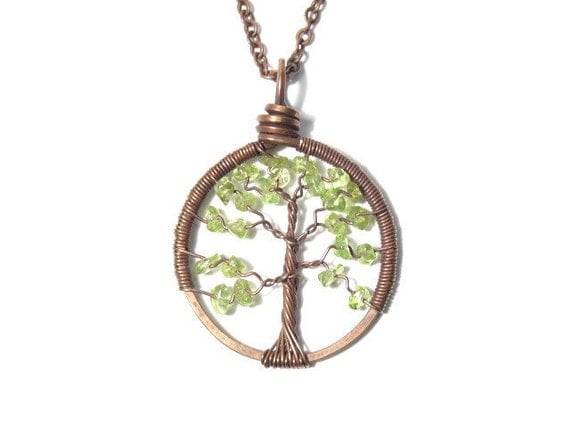 The Petite Tree of Life Antiqued Copper Necklace in Peridot. - sageANDindie The Petite Tree of Life Antiqued Copper Necklace in Peridot. - sageANDindie