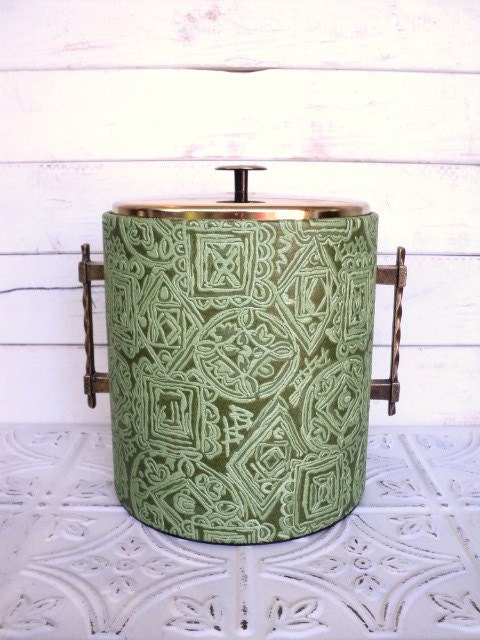 West Bend Thermo Serve Ice Bucket Mad Men Mid Century Modern Tiki Green Brocade Fabric Atomic Geometric Serveware
