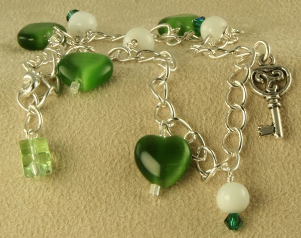 Handmade Green Heart with Silver Key Charm Anklets