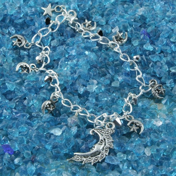 Handmade Moons and Stars Silver Pewter Charm Anklet