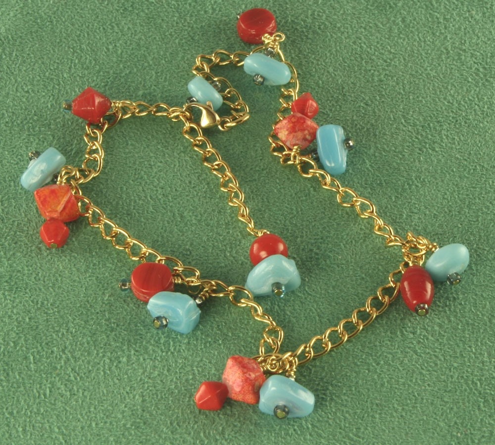 Handmade Tumbled Turquoise Beaded Anklet in Gold