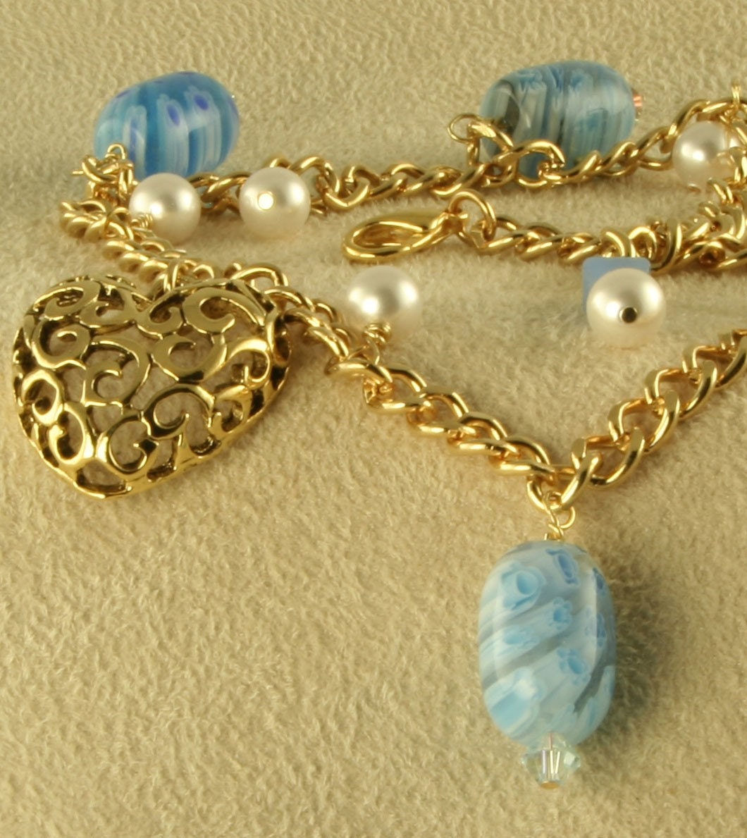 Handmade Blue Swirled Glass and Gold Heart Charm Anklet