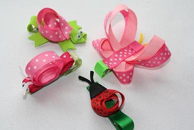 Set of 4. Girls Critter set. Lady bug, Turtle, Butterfly, Snail Hair Pink or Purple  Sculpture Ribbon Bow set. Free Ship Promo