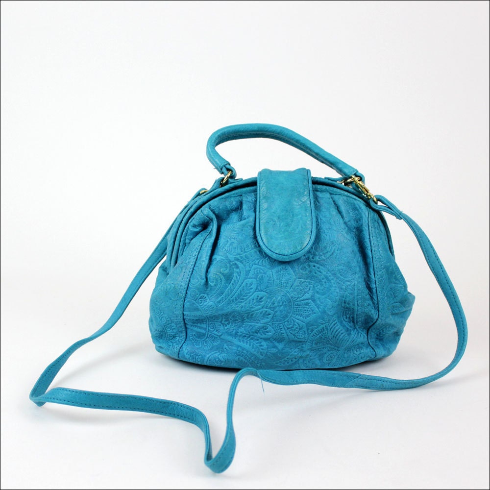 turquoise tooled satchel / clamshell cross body purse / bright