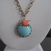 Vintage Turquoise Glass and Sparrow Pendant Necklace with Coral Flower, Coral and Teal Necklace, Cockatoo Necklace