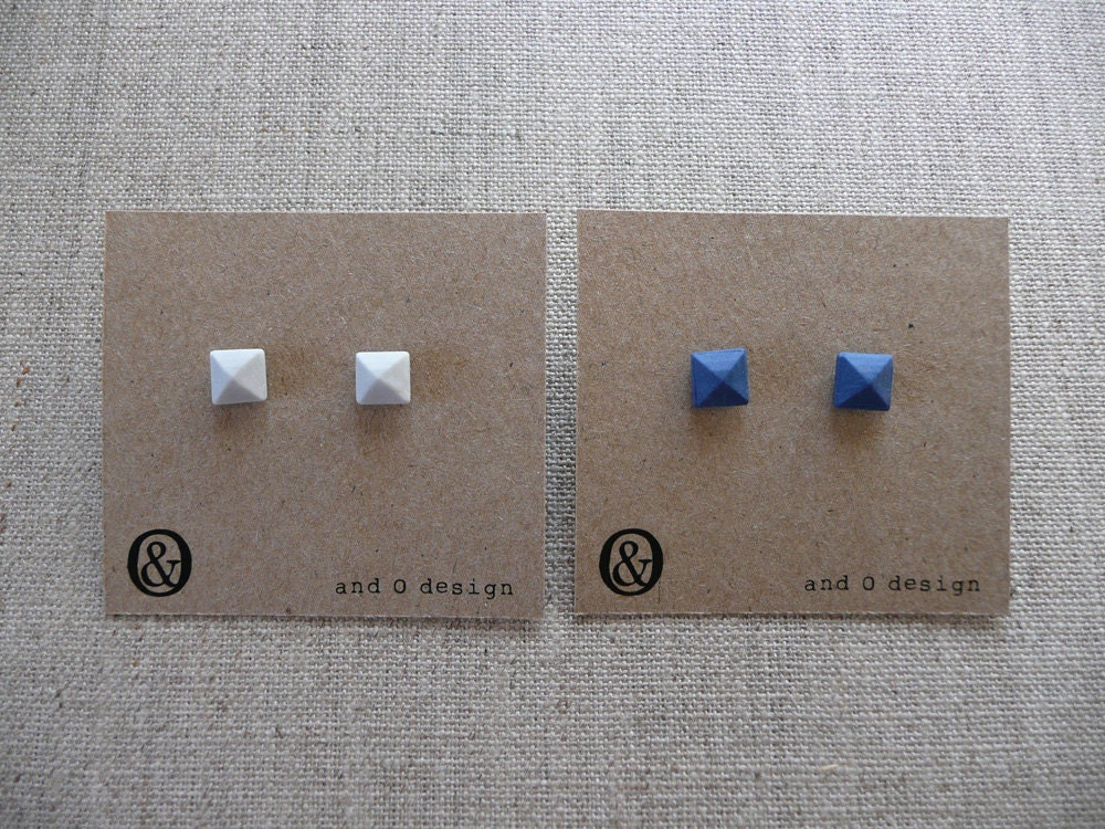 Silver Blue Pyramid Cut Jewel Stud Earrings CUSTOM LISTING